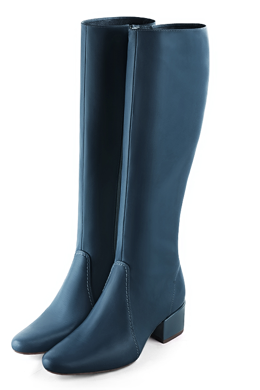 Denim blue women's feminine knee-high boots. Round toe. Low block heels. Made to measure. Front view - Florence KOOIJMAN
